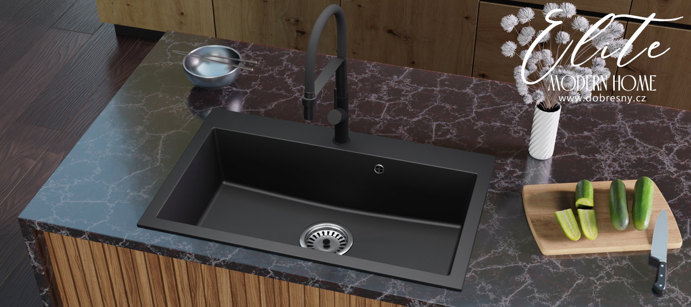 Granitový drez ELITE čierny + sifón chróm 80 x 50 x 21 cm