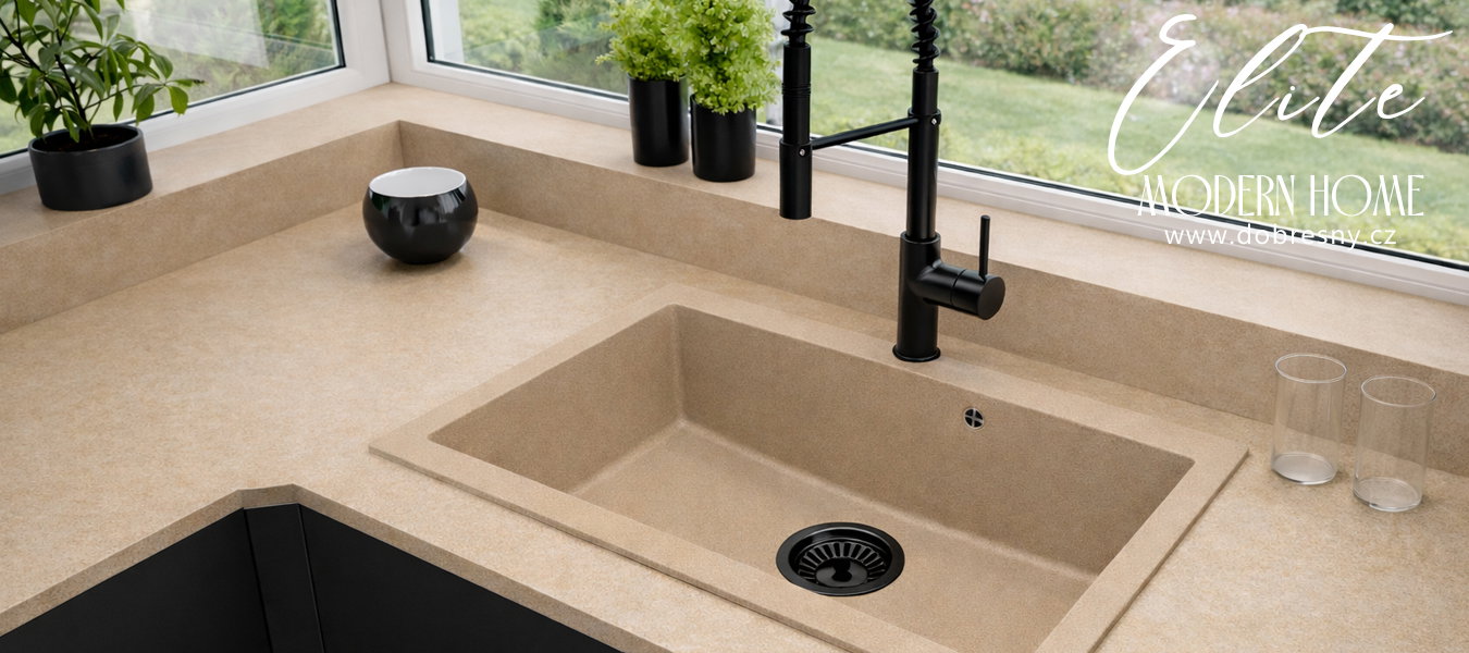 Granitový drez ELITE béžový + sifón čierny 80 x 50 x 21 cm