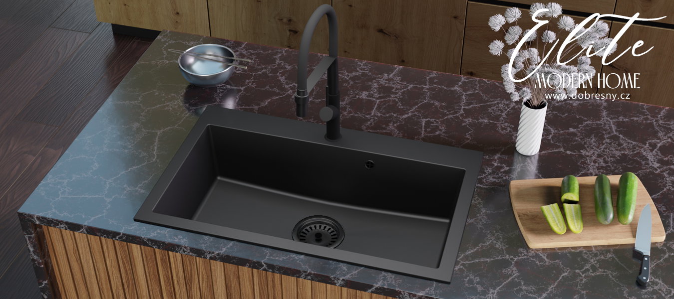 Granitový drez ELITE čierny + sifón čierny 80 x 50 x 21 cm