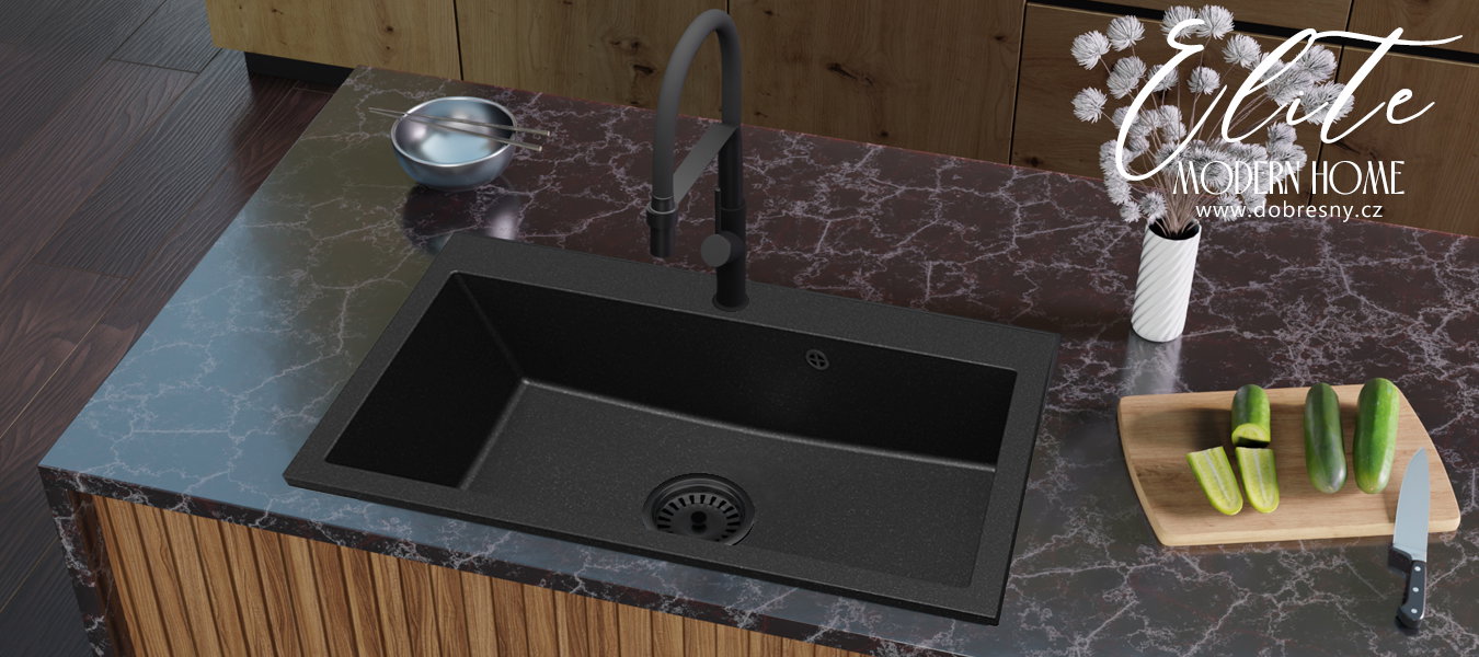 Granitový drez ELITE čierny s textúrou ŽULY + sifón čierny 80 x 50 x 21 cm