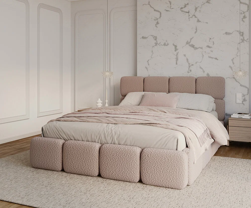 Čalouněná postel DELICATO 160x200 cm Růžová Boucle s úložným prostorem kovový rošt