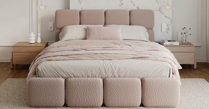 Čalouněná postel DELICATO 180x200 cm Růžová Boucle s úložným prostorem kovový rošt