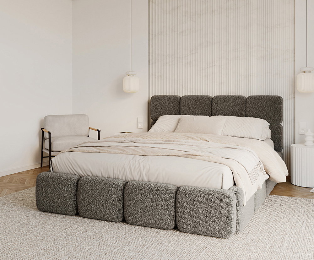 Čalúnená posteľ DELICATO 180x200 cm Grafit Boucle s úložným priestorom kovový rošt