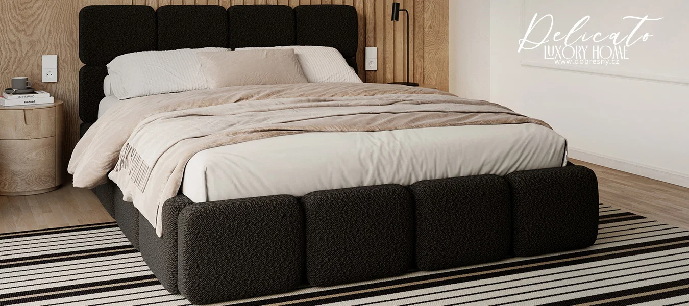 Čalouněná postel DELICATO 140x200 cm Černá Boucle s úložným prostorem kovový rošt