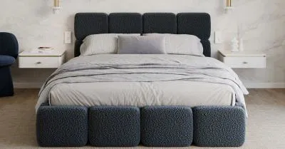 Čalouněná postel DELICATO 180x200 cm Modrá Boucle s úložným prostorem kovový rošt