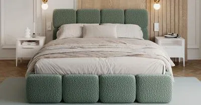 Čalouněná postel DELICATO 160x200 cm Tyrkysová Boucle s úložným prostorem kovový rošt