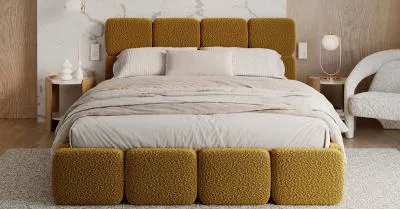 Čalouněná postel DELICATO 140x200 cm Žlutá Boucle s úložným prostorem kovový rošt