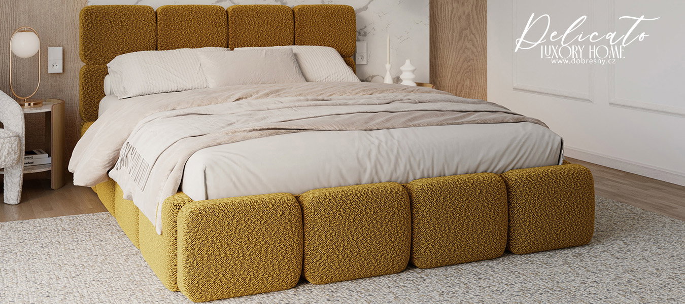 Čalúnená posteľ DELICATO 180x200 cm Žltá Boucle s úložným priestorom kovový rošt