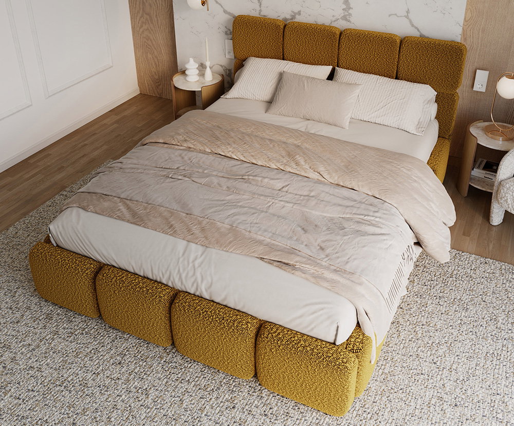 Čalúnená posteľ DELICATO 180x200 cm Žltá Boucle s úložným priestorom kovový rošt