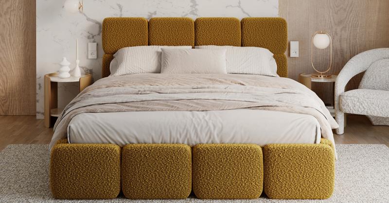 Čalouněná postel DELICATO 180x200 cm Žlutá Boucle s úložným prostorem kovový rošt
