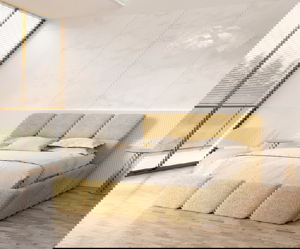 Čalúnená posteľ DELICATO 140x200 cm Žltá Cleo s úložným priestorom kovový rošt