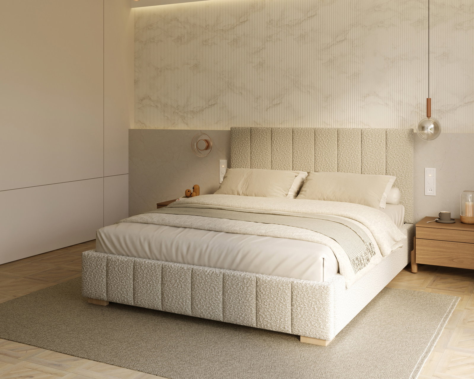 Čalúnená posteľ AUSTIN 140x200cm Béžová Boucle s úložným priestorom kovový rošt