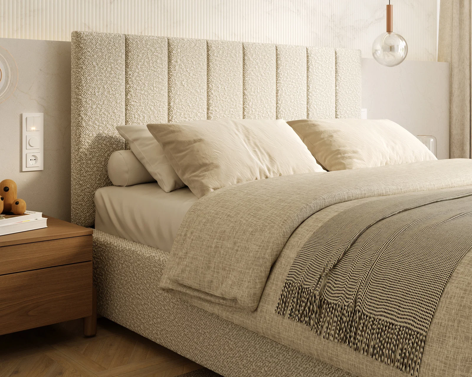 Čalouněná postel AUSTIN 140x200cm Béžová Boucle s úložným prostorem kovový rošt