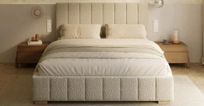 Čalouněná postel AUSTIN 180x200cm Béžová Boucle s úložným prostorem kovový rošt