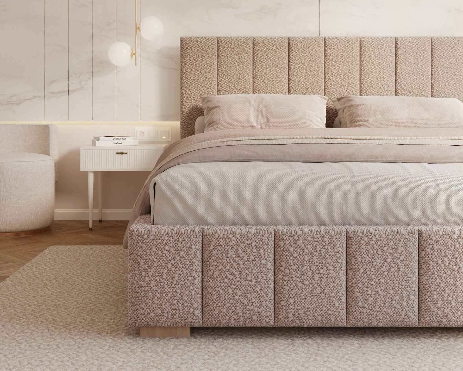 Čalúnená posteľ AUSTIN 140x200cm Ružová Boucle s úložným priestorom kovový rošt