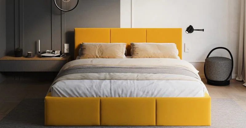 Čalouněná postel FRESIA 160x200cm Žlutá Paris s úložným prostorem kovový rošt