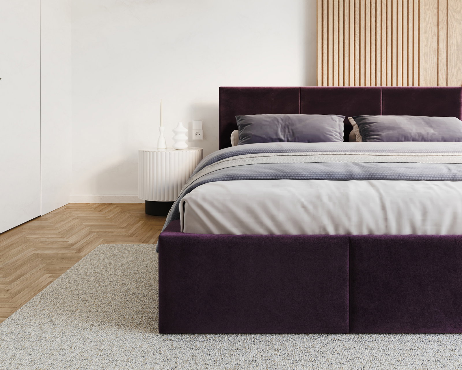 Čalúnená posteľ FRESIA 90x200cm Tmavo fialová Paris s úložným priestorom kovový rošt