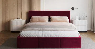 Čalouněná postel FRESIA 90x200cm Vínová Paris s úložným prostorem kovový rošt