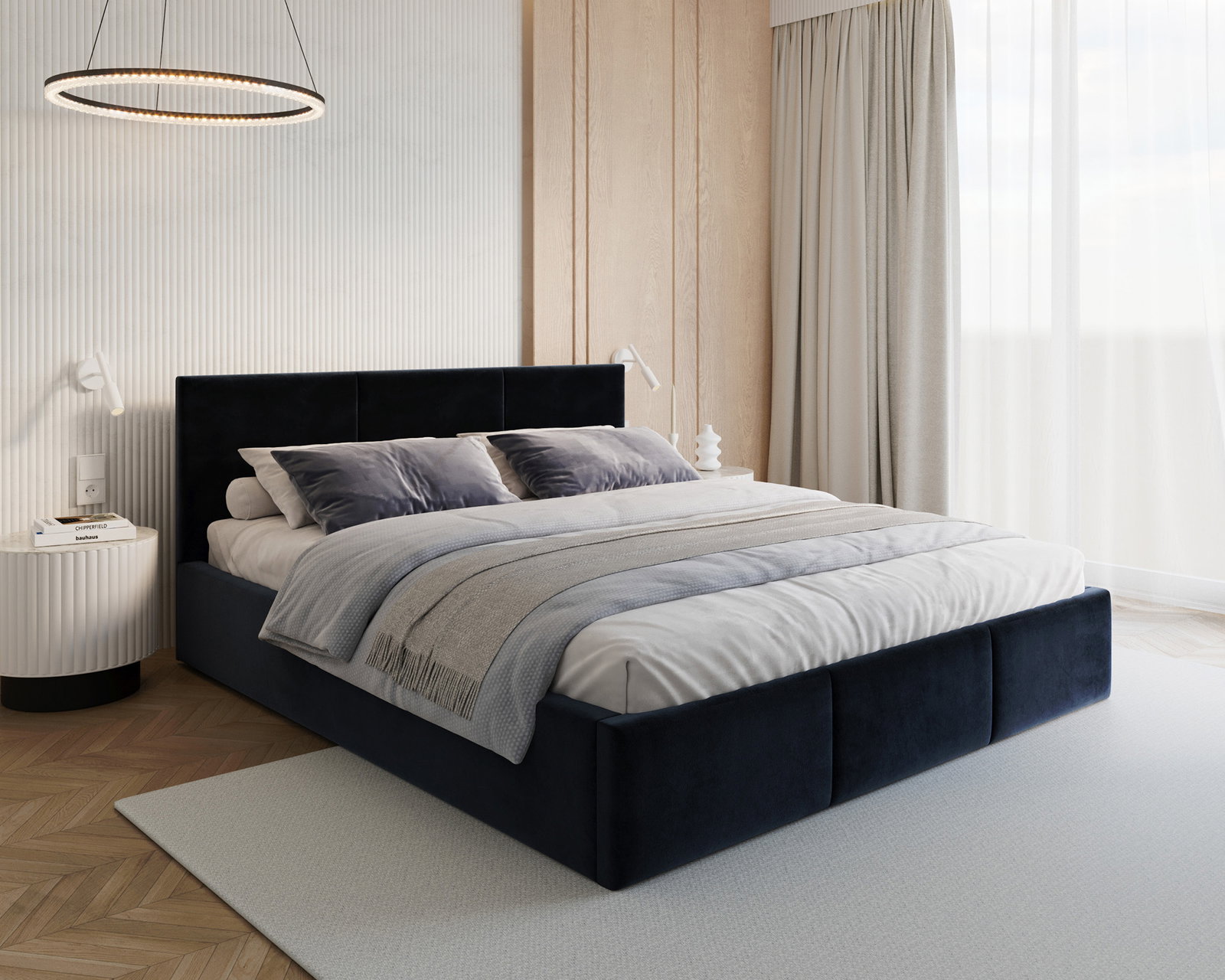 Čalúnená posteľ FRESIA 90x200cm Tmavo modrá Paris s úložným priestorom kovový rošt