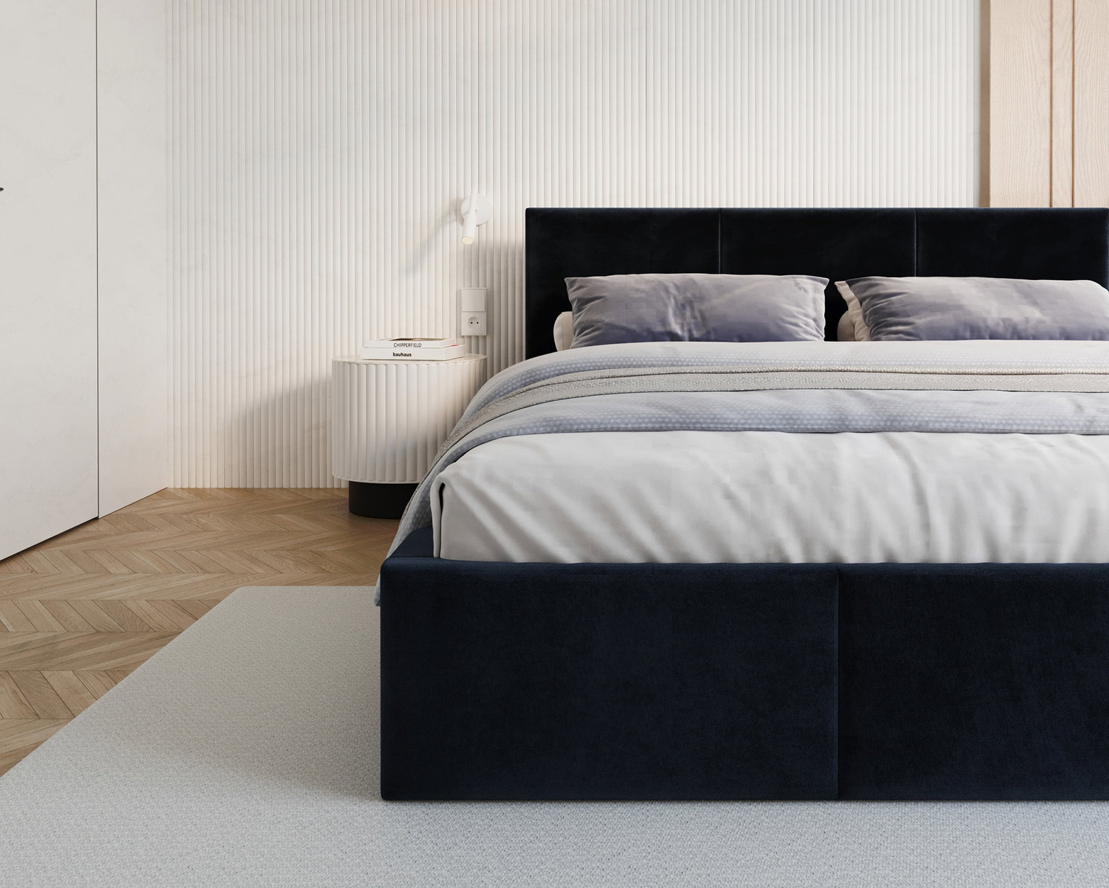 Čalúnená posteľ FRESIA 90x200cm Tmavo modrá Paris s úložným priestorom kovový rošt