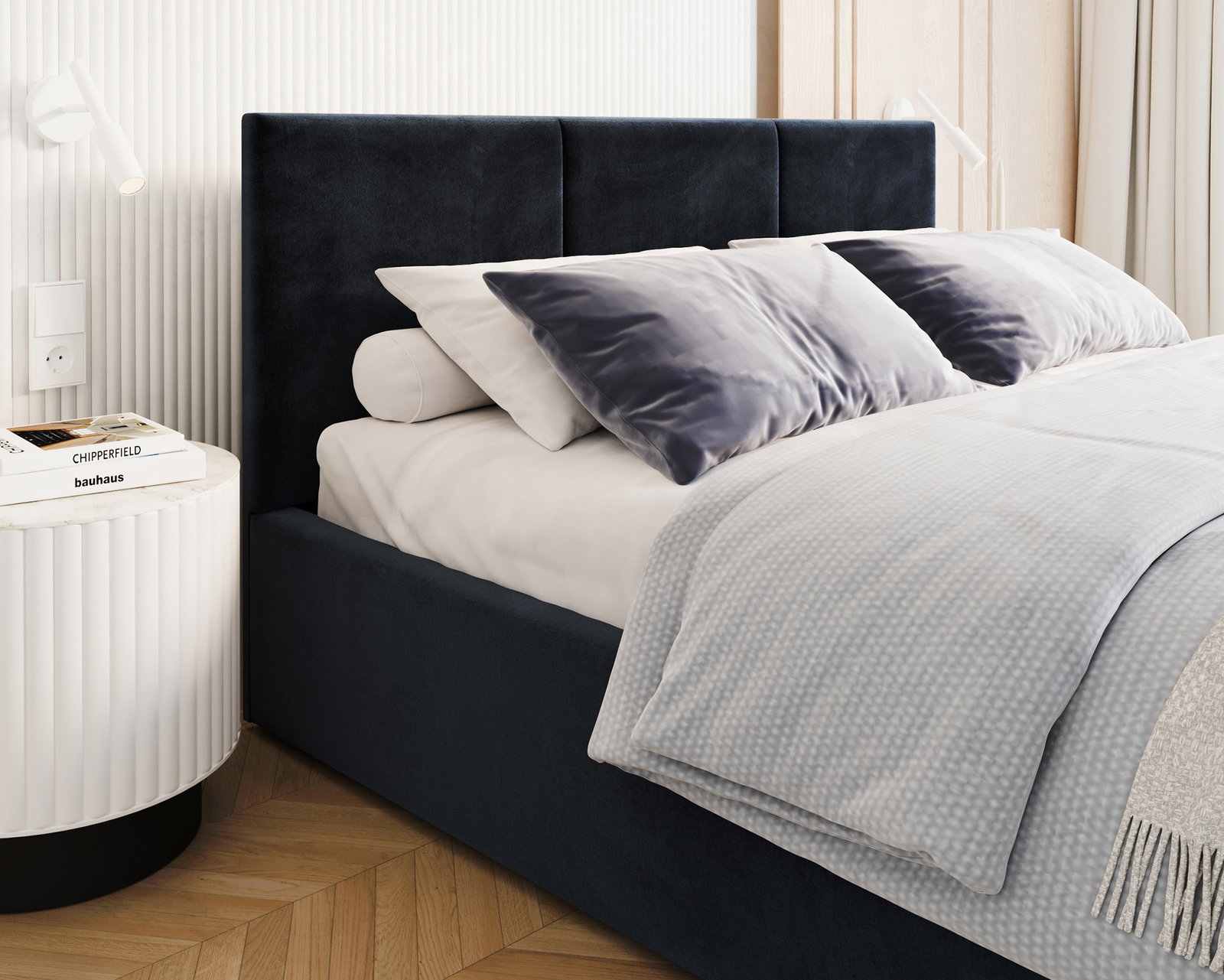 Čalúnená posteľ FRESIA 90x200cm Tmavo modrá Paris s úložným priestorom kovový rošt