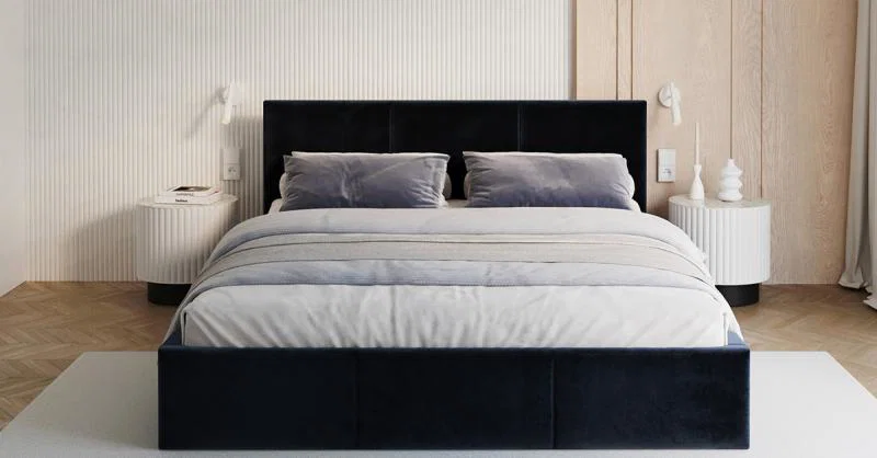 Čalouněná postel FRESIA 140x200cm Tmavě modrá Paris s úložným prostorem kovový rošt