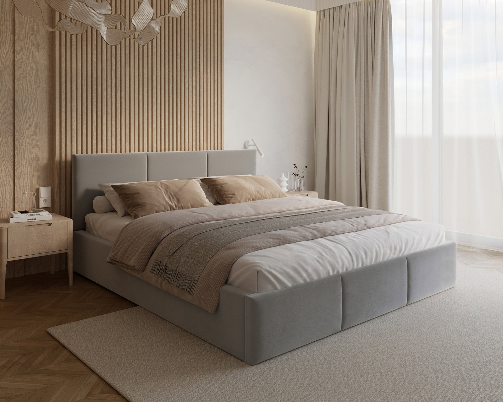 Čalúnená posteľ FRESIA 90x200cm Svetlo sivá Paris s úložným priestorom kovový rošt