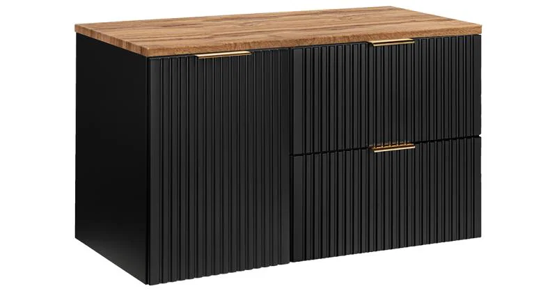 Koupelnová sestava ADEL BLACK s deskou NATURE WOTAN a košem na prádlo 100cm