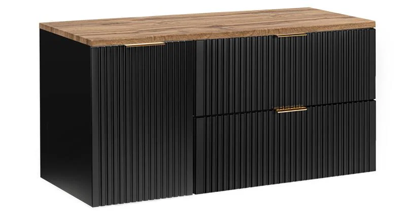 Koupelnová sestava ADEL BLACK s deskou NATURE WOTAN a košem na prádlo 120cm