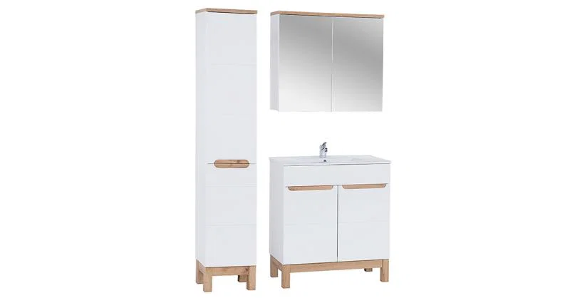 Koupelnová sestava BALI WHITE 80cm s vysokou skříňkou 2D, zrcadlem a umyvadlem