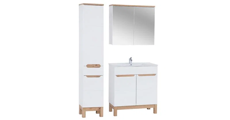 Koupelnová sestava BALI WHITE 80cm s vysokou skříňkou 2D1S, zrcadlem a umyvadlem