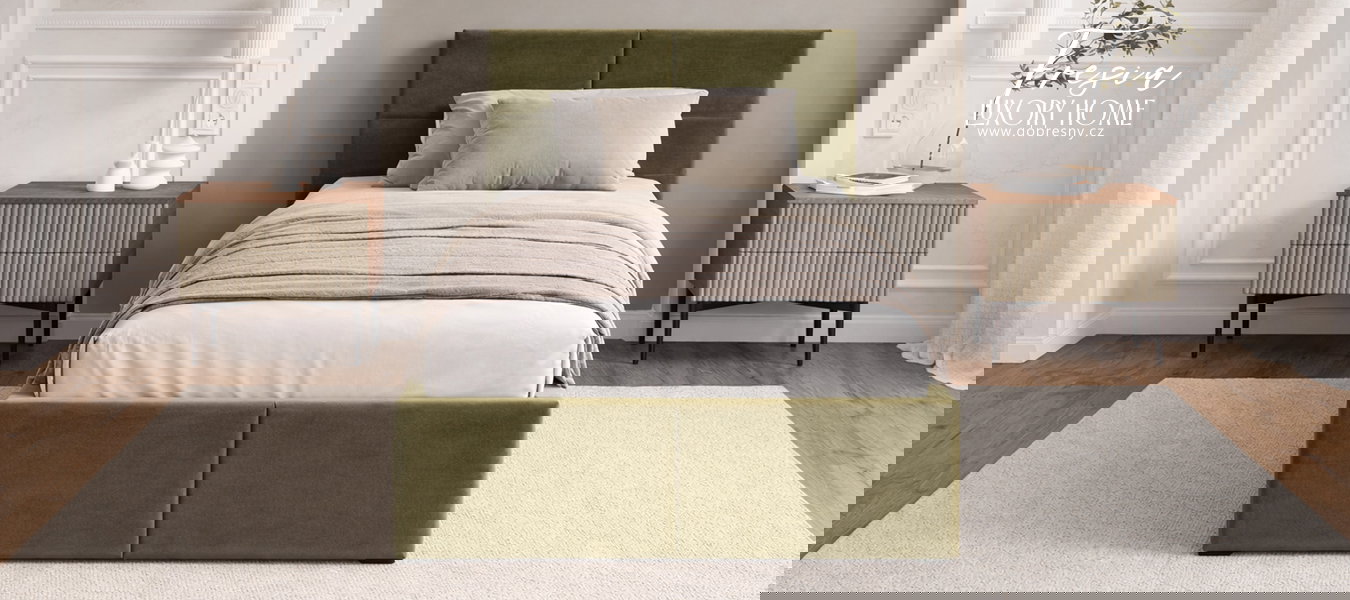 Čalúnená posteľ FRESIA 90x200 s kovovým zdvižným roštom OLIVOVÁ