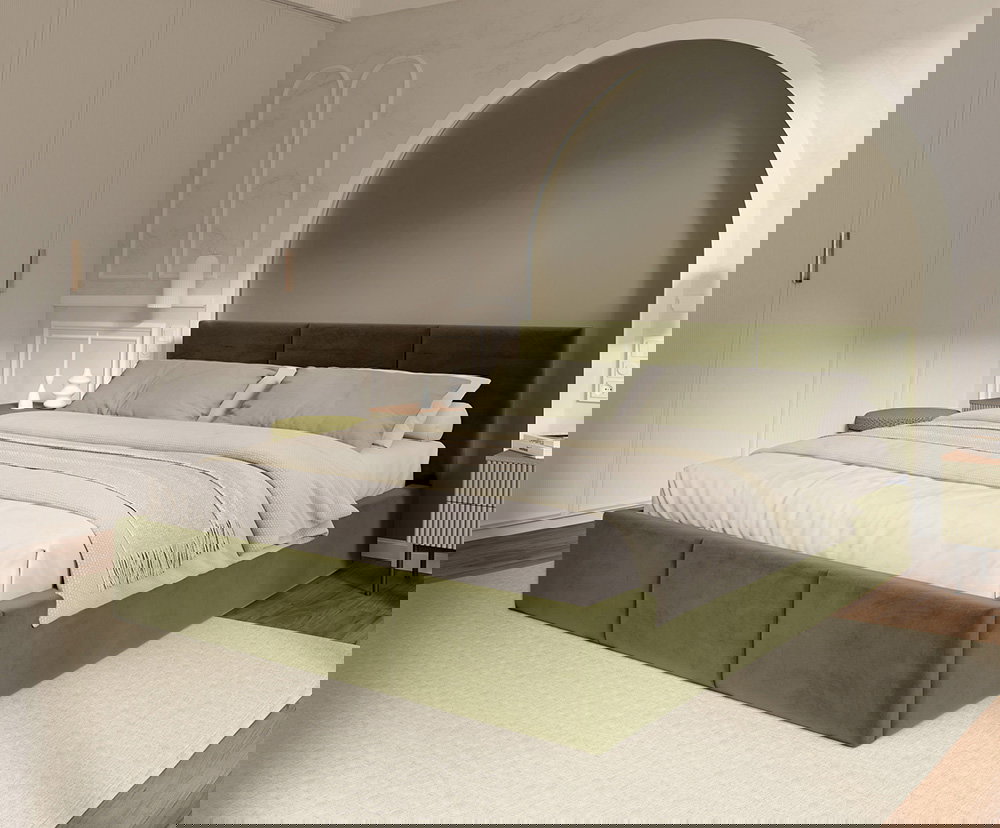 Čalúnená posteľ FRESIA 90x200 s kovovým zdvižným roštom OLIVOVÁ