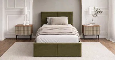 Čalouněná postel FRESIA 90x200 s kovovým zdvižným roštem OLIVOVÁ TRINITY