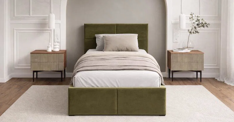 Čalouněná postel FRESIA 90x200 s kovovým zdvižným roštem OLIVOVÁ TRINITY