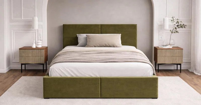 Čalouněná postel FRESIA 120x200 s kovovým zdvižným roštem OLIVOVÁ TRINITY