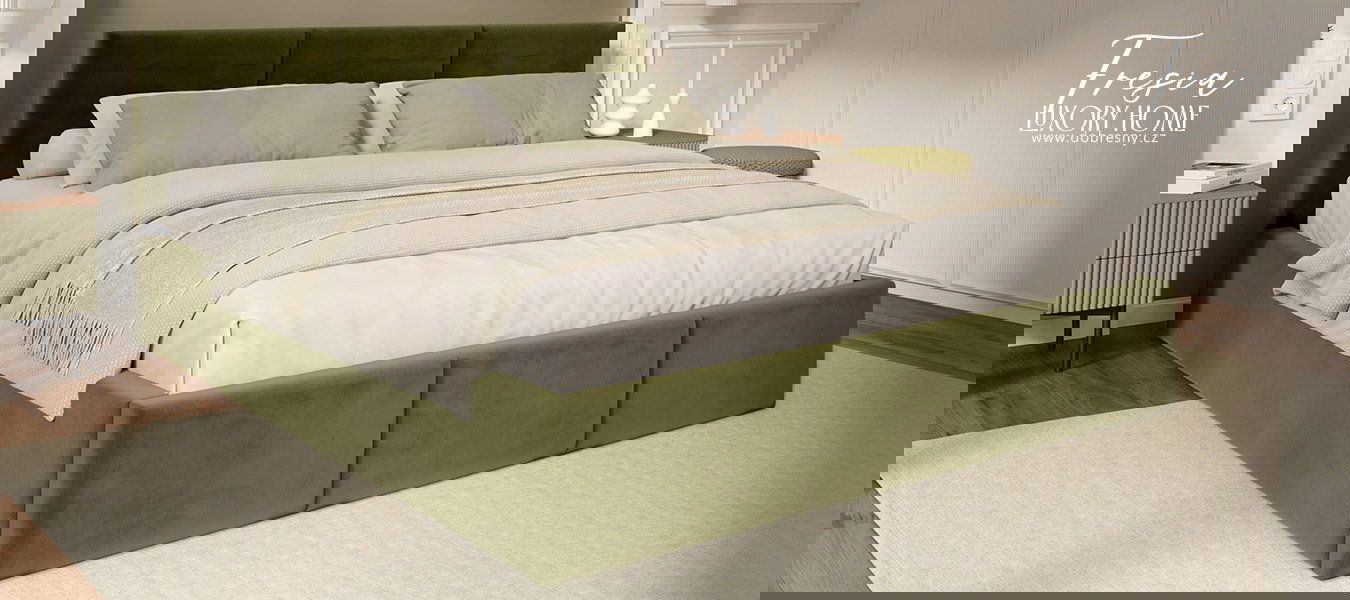 Čalúnená posteľ FRESIA 160x200 s kovovým zdvižným roštom OLIVOVÁ