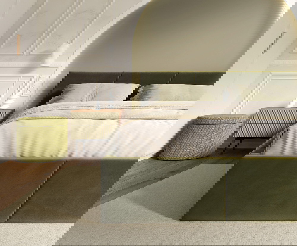 Čalúnená posteľ FRESIA 160x200 s kovovým zdvižným roštom OLIVOVÁ