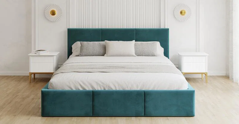 Čalouněná postel FRESIA 200x200 s kovovým zdvižným roštem TYRKYSOVÁ TRINITY