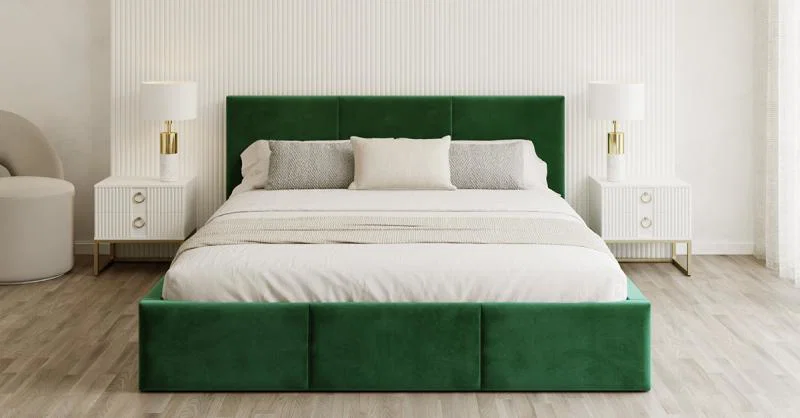 Čalouněná postel FRESIA 200x200 s kovovým zdvižným roštem ZELENÁ TRINITY