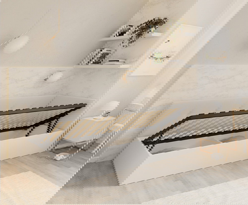 Posteľ EDDY 2 pre deti a mládež biela TRINITY 90x200 kovový zdvižný rošt