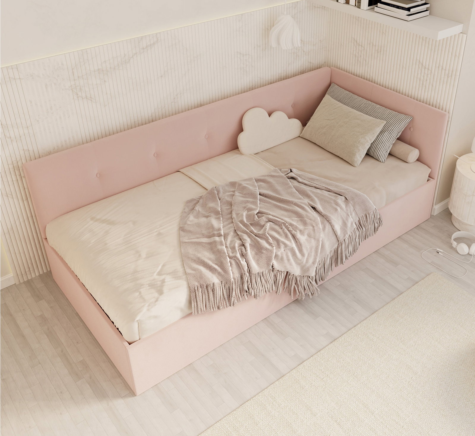 Posteľ EDDY 2 pre deti a mládež púdrová ružová TRINITY 90x200 kovový zdvižný rošt