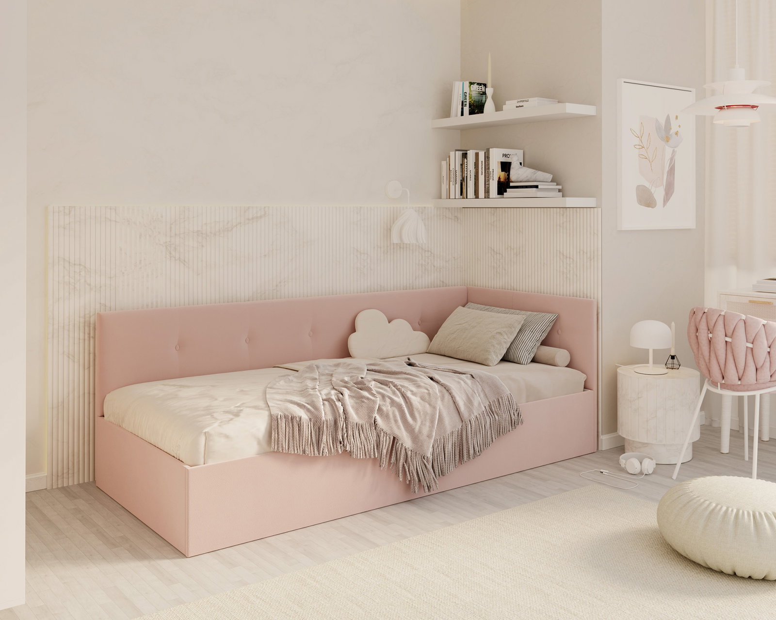 Posteľ EDDY 2 pre deti a mládež púdrová ružová TRINITY 90x200 kovový zdvižný rošt