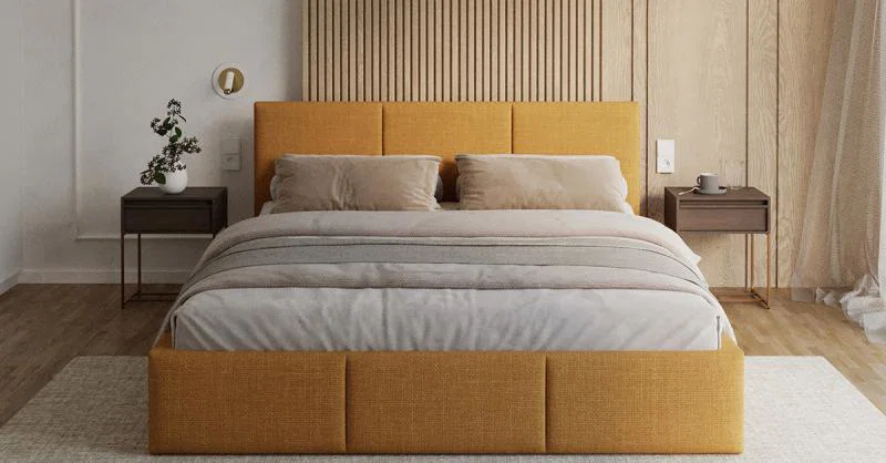 Čalouněná postel FRESIA 120x200cm Žlutá Ottawa s úložným prostorem kovový rošt