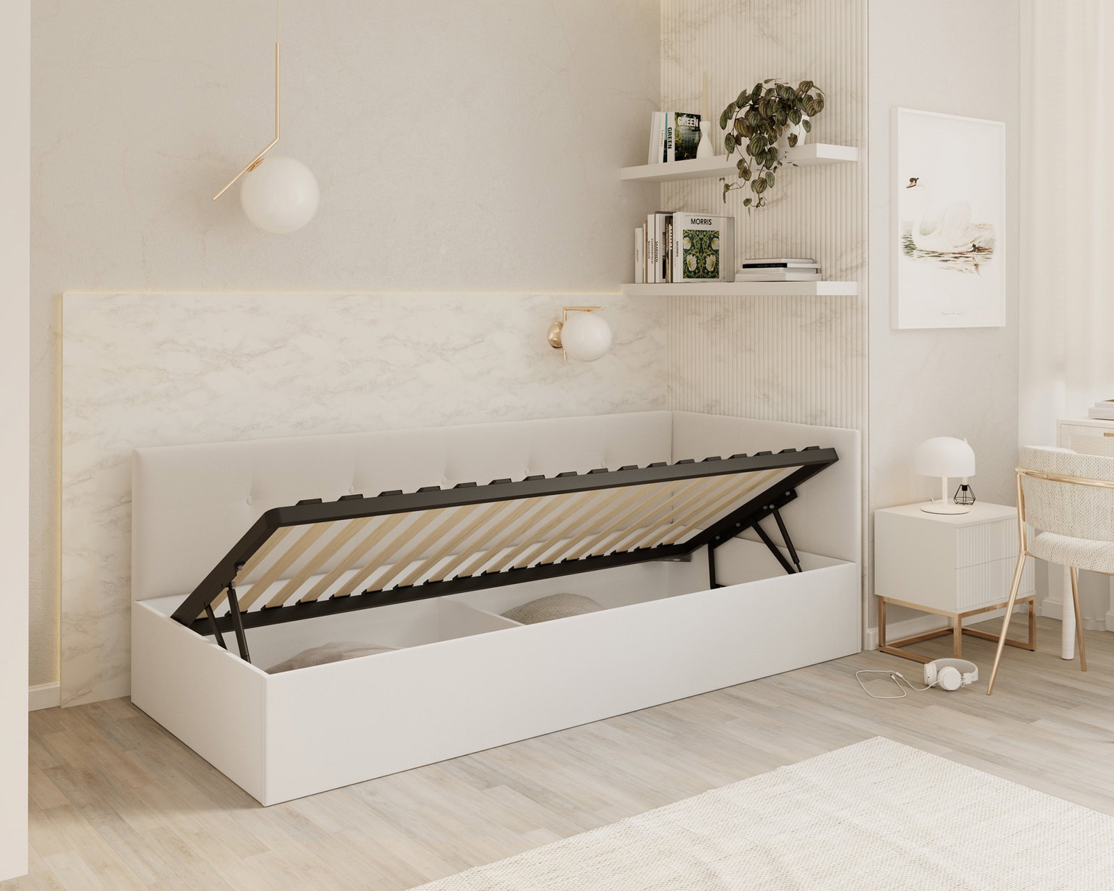 Posteľ EDDY 2 pre deti a mládež biela TRINITY 100x200 kovový zdvižný rošt