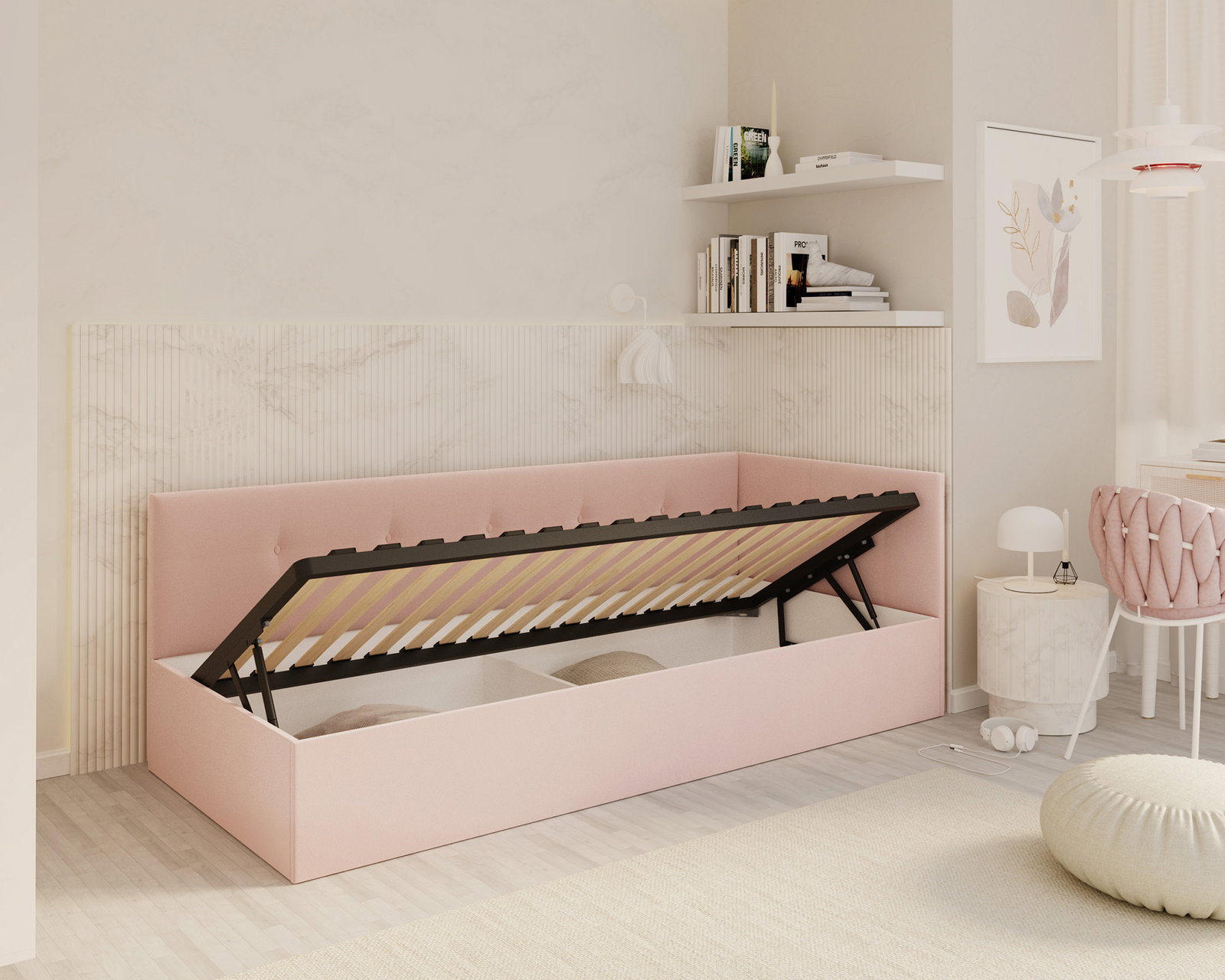 Posteľ EDDY 2 pre deti a mládež púdrová ružová TRINITY 100x200 kovový zdvižný rošt