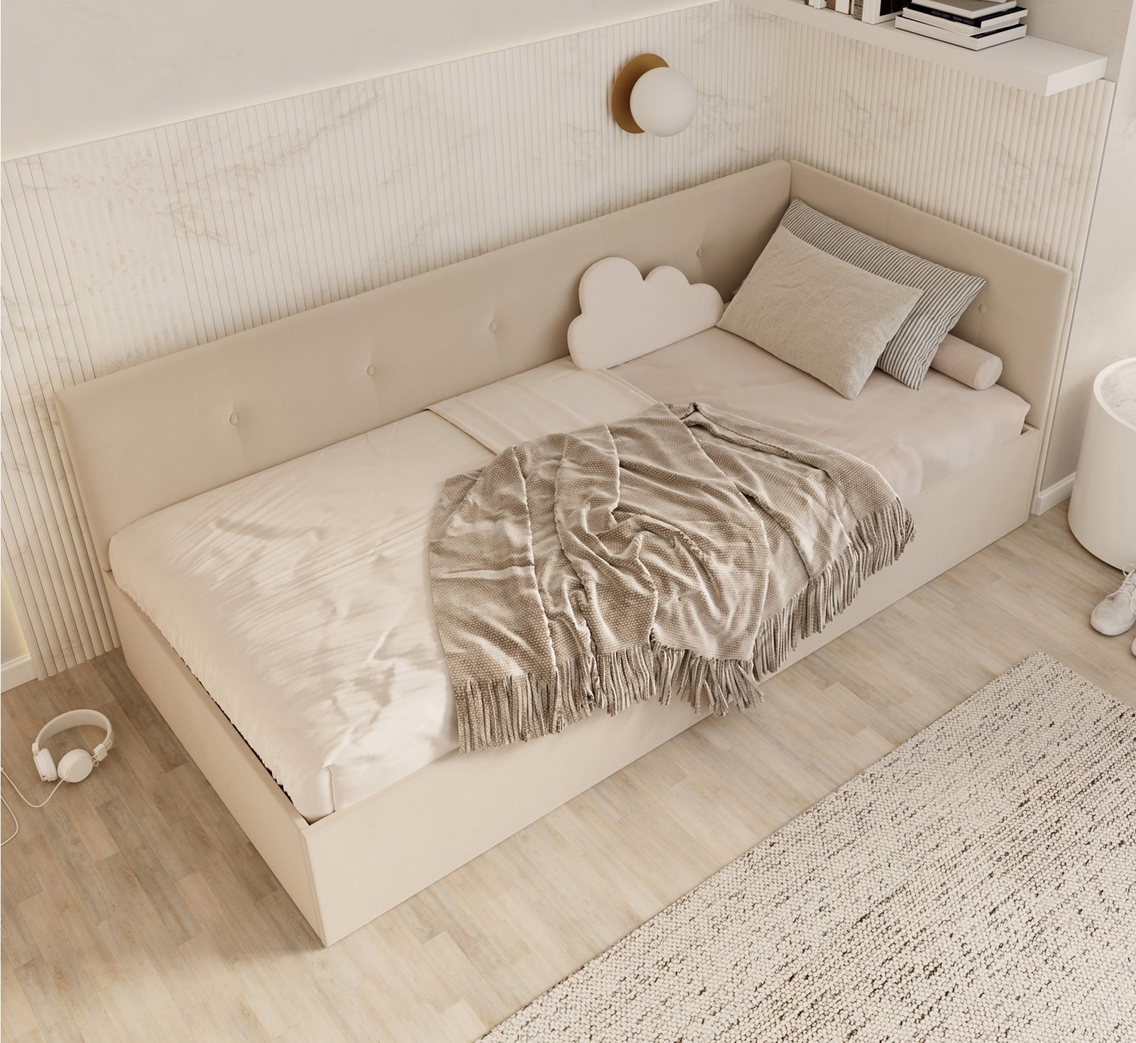 Posteľ EDDY 2 pre deti a mládež krémová TRINITY 100x200 kovový zdvižný rošt