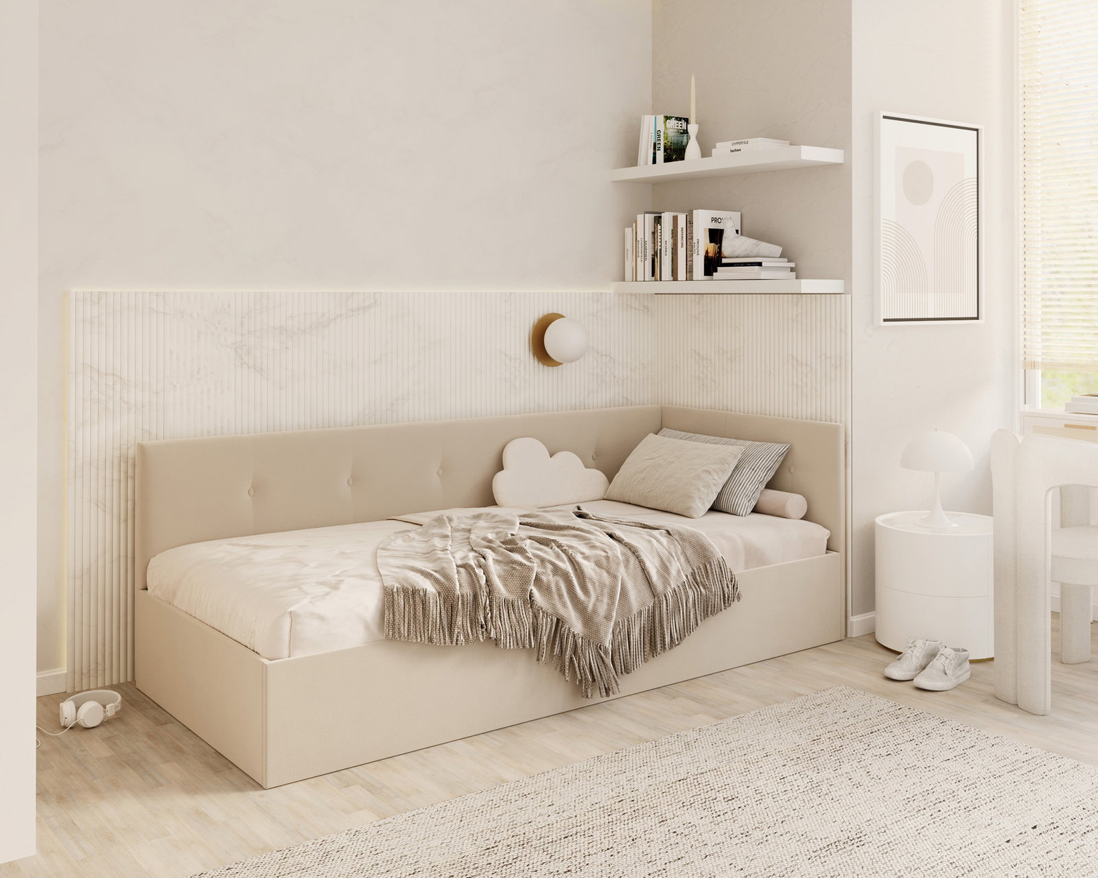 Posteľ EDDY 2 pre deti a mládež krémová TRINITY 100x200 kovový zdvižný rošt