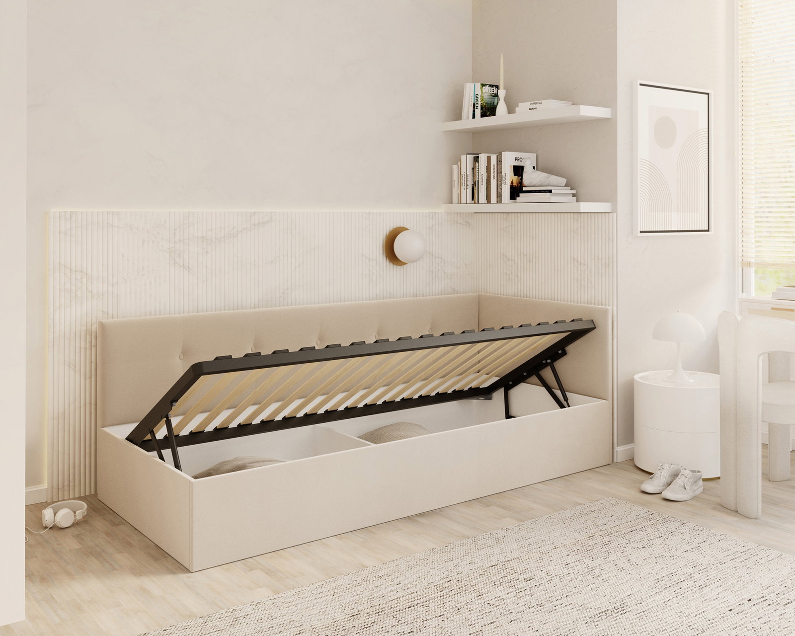 Posteľ EDDY 2 pre deti a mládež krémová TRINITY 100x200 kovový zdvižný rošt