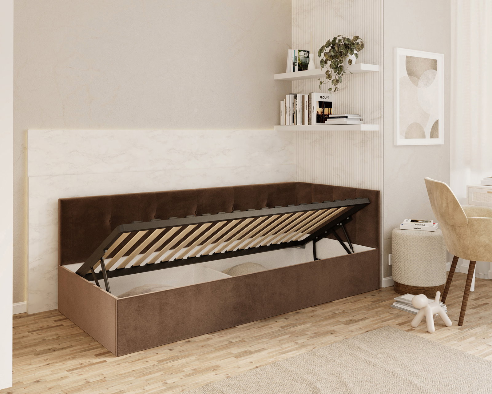 Posteľ EDDY 2 pre deti a mládež hnedá TRINITY 100x200 kovový zdvižný rošt